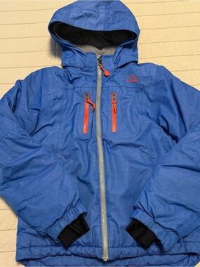 L.L. Bean Blue Kids Hooded Puffer with Orange Accents